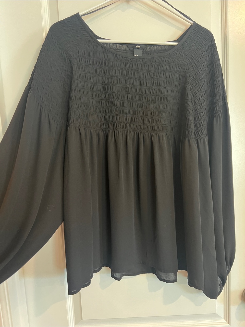 H&M Black Smocked Yoke Balloon-Sleeve Blouse